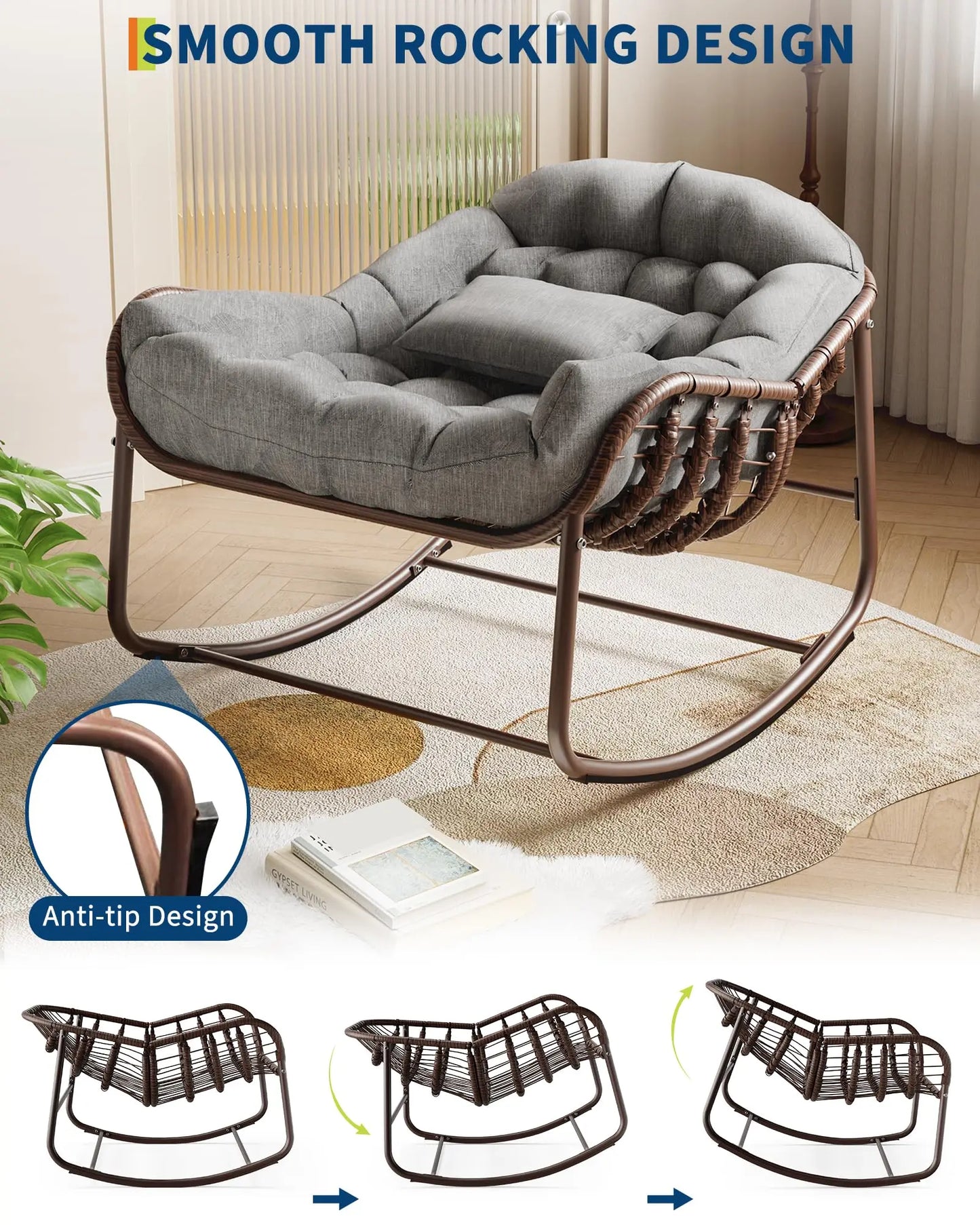 HiMISS Outdoor Papasan Rocking Chair With Cushion Wicker Egg Lounge