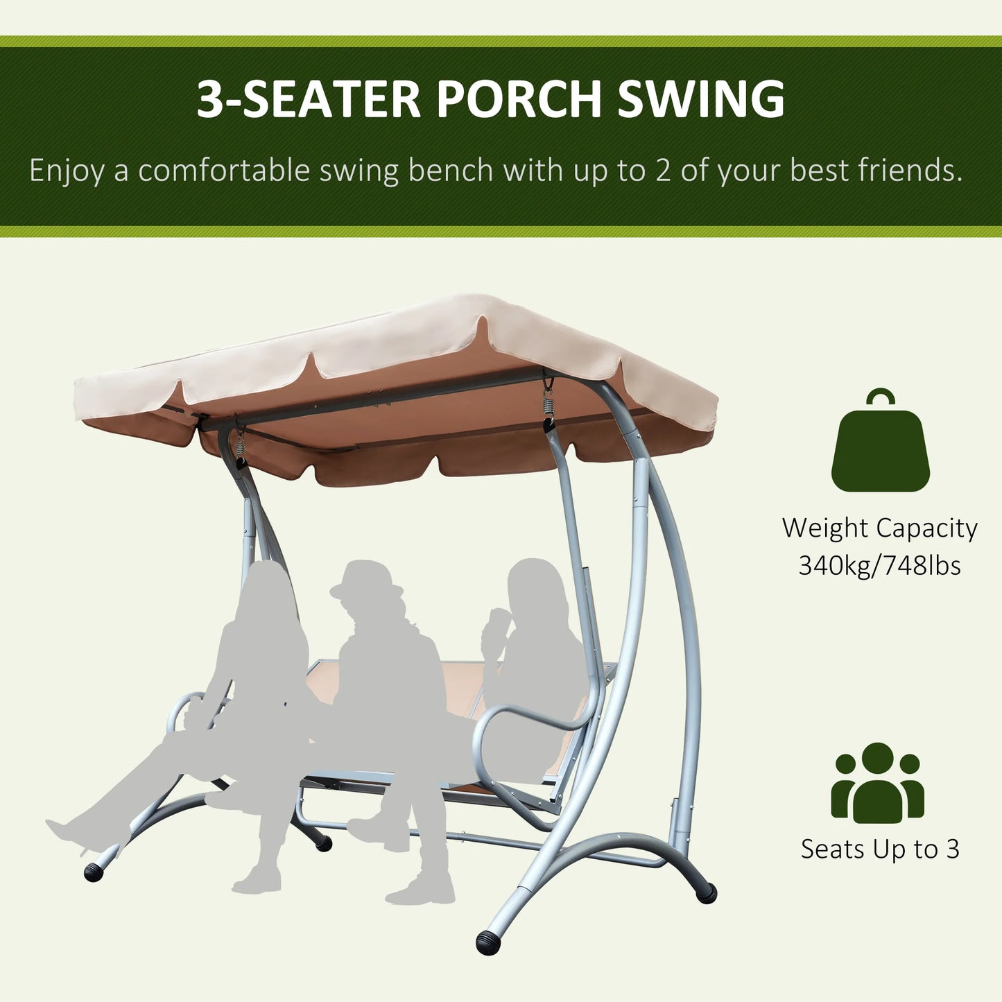 Three-Seat Outdoor Porch Swing Chair Glider With Adjustable Canopy