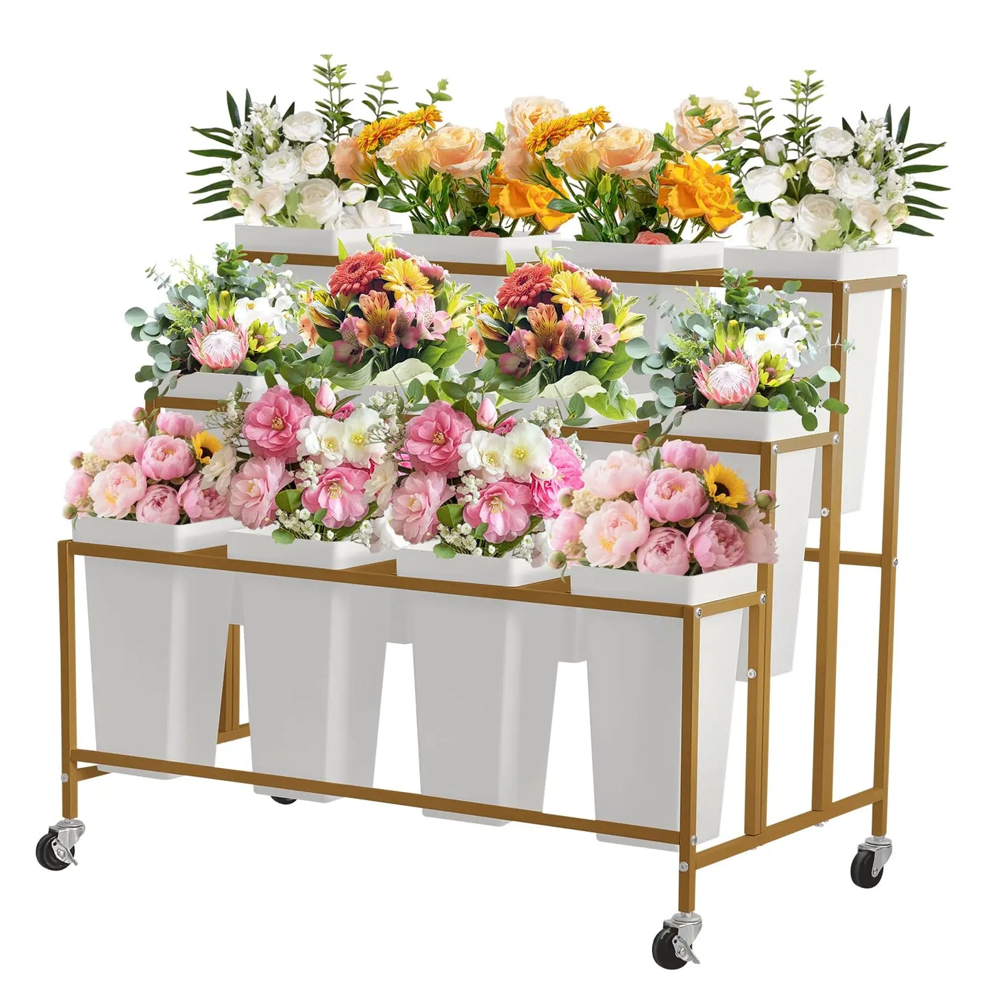 HiMISS 3 Tier Rolling Flower Display Stand With Buckets