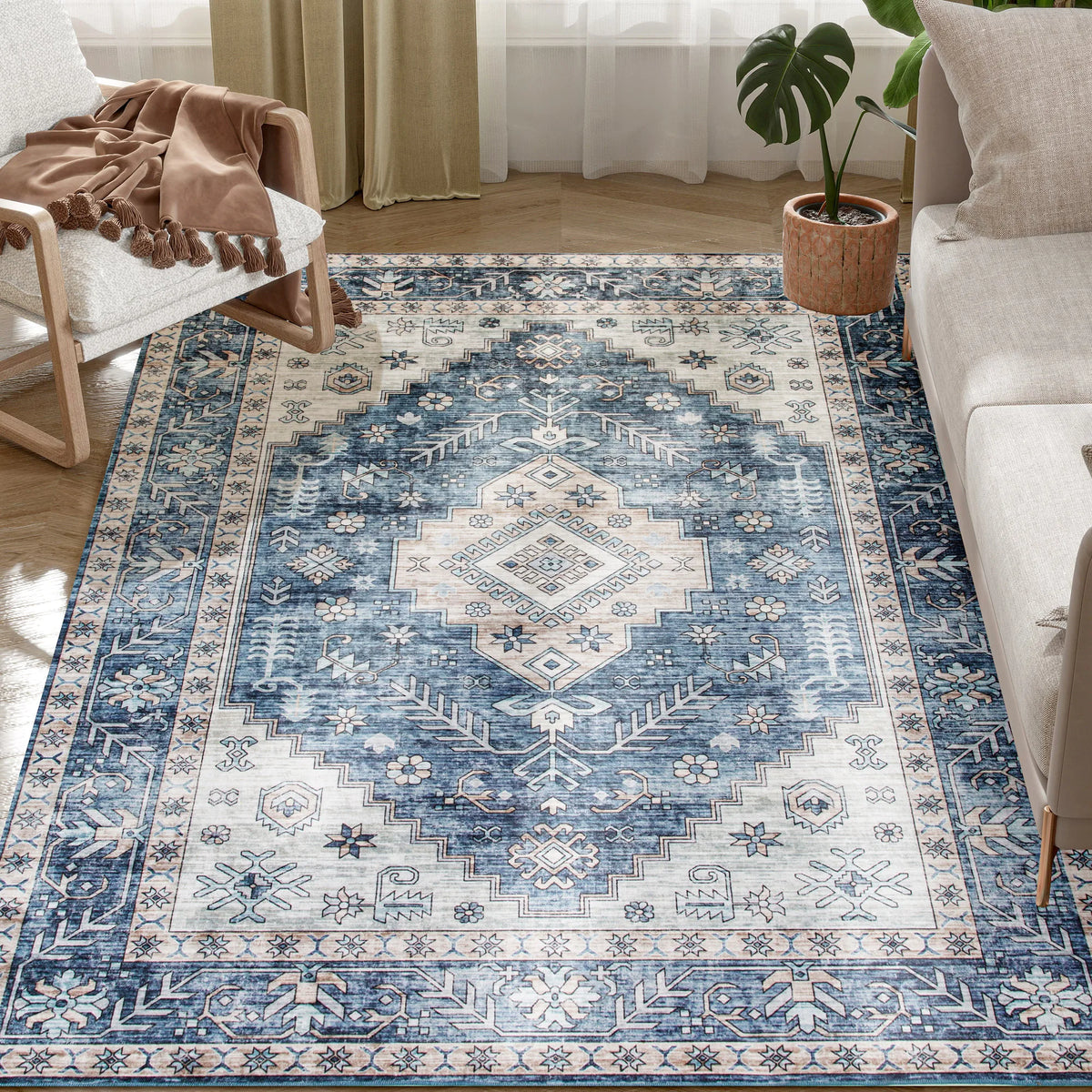 Vintage Machine Washable Oriental Medallion Area Rug For Living Spaces
