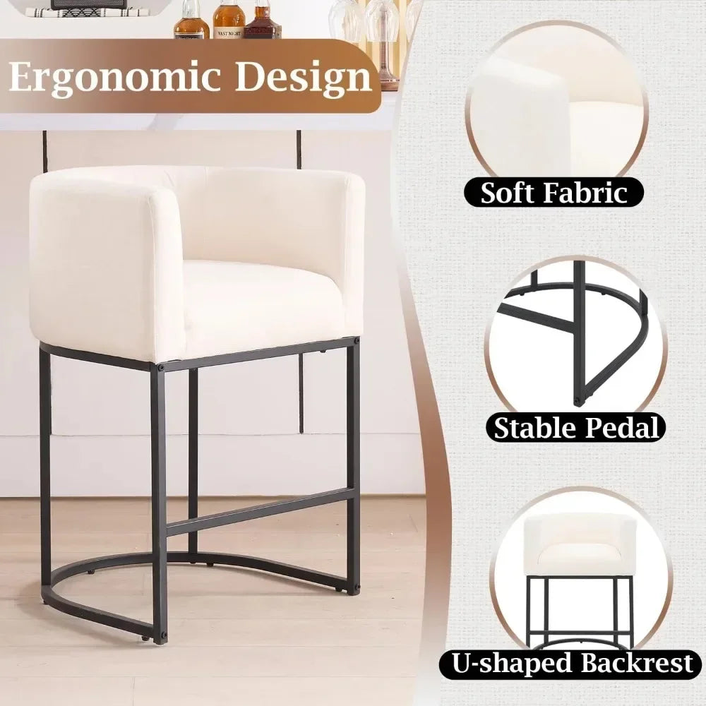 Modern Barrel Counter Stool Set Of 2 With Backrest And Arms Linen Upholstered