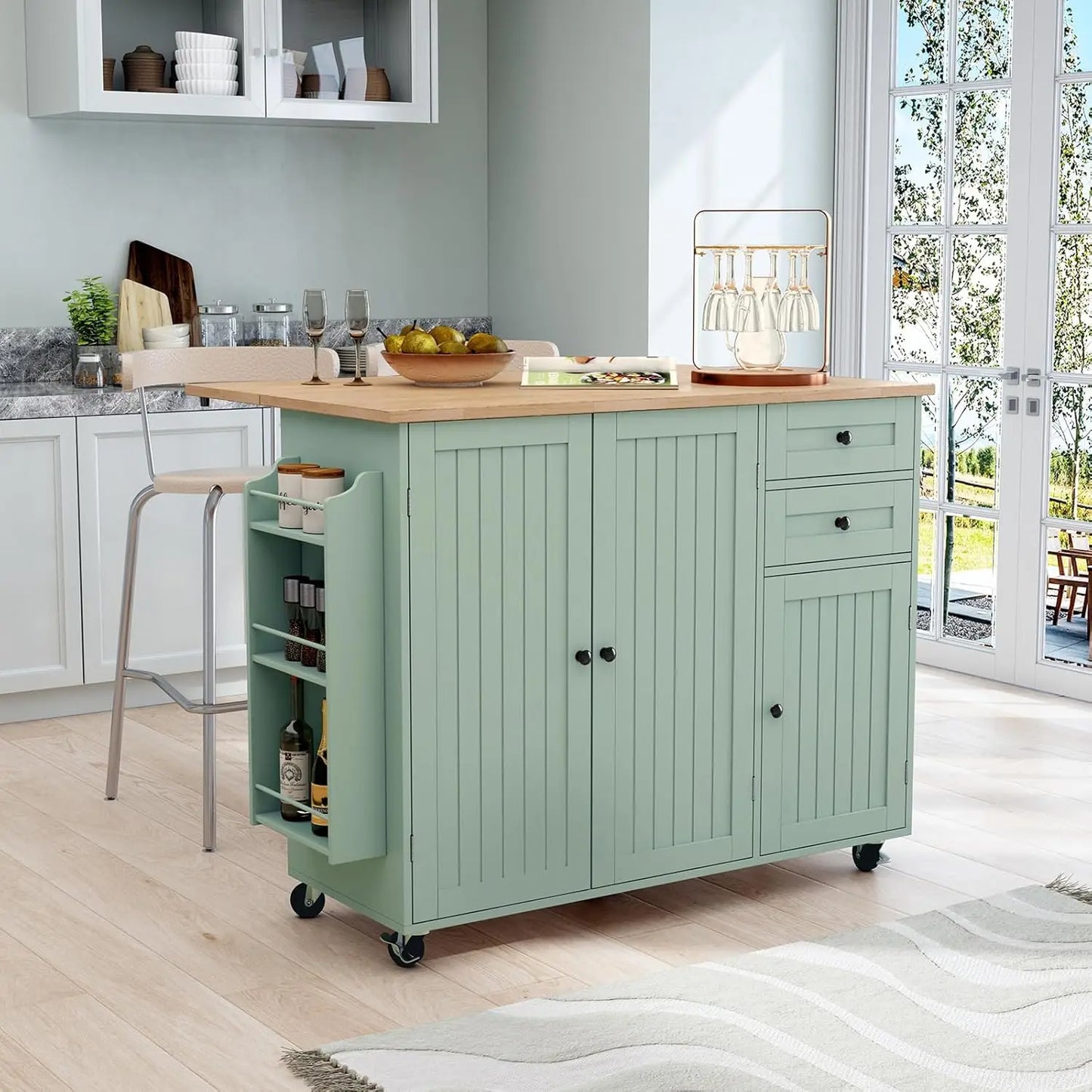 Kitchen Island With Storage And Drop Leaf Countertop On Wheels
