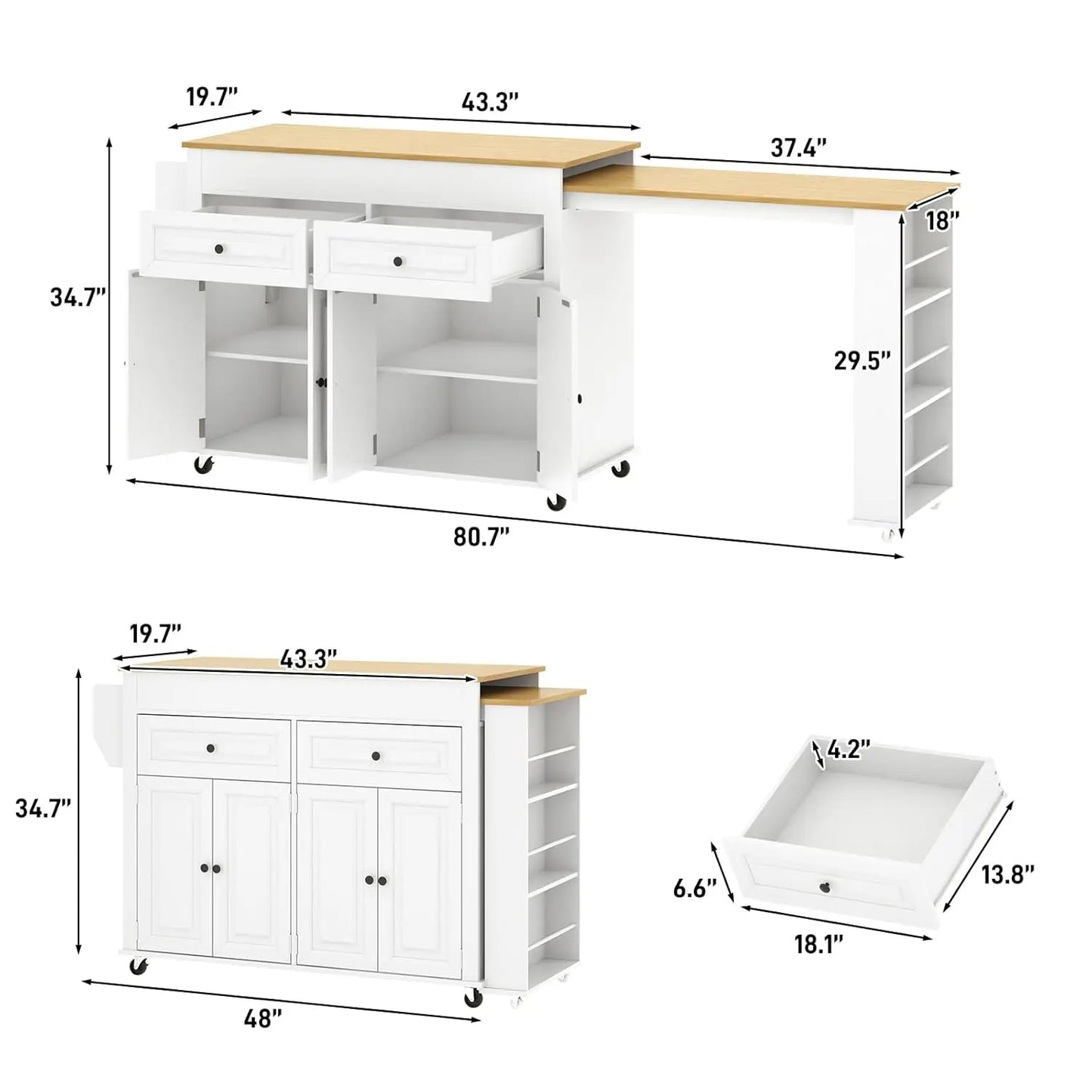 Extendable Kitchen Island With Dining Table And Power Outlet