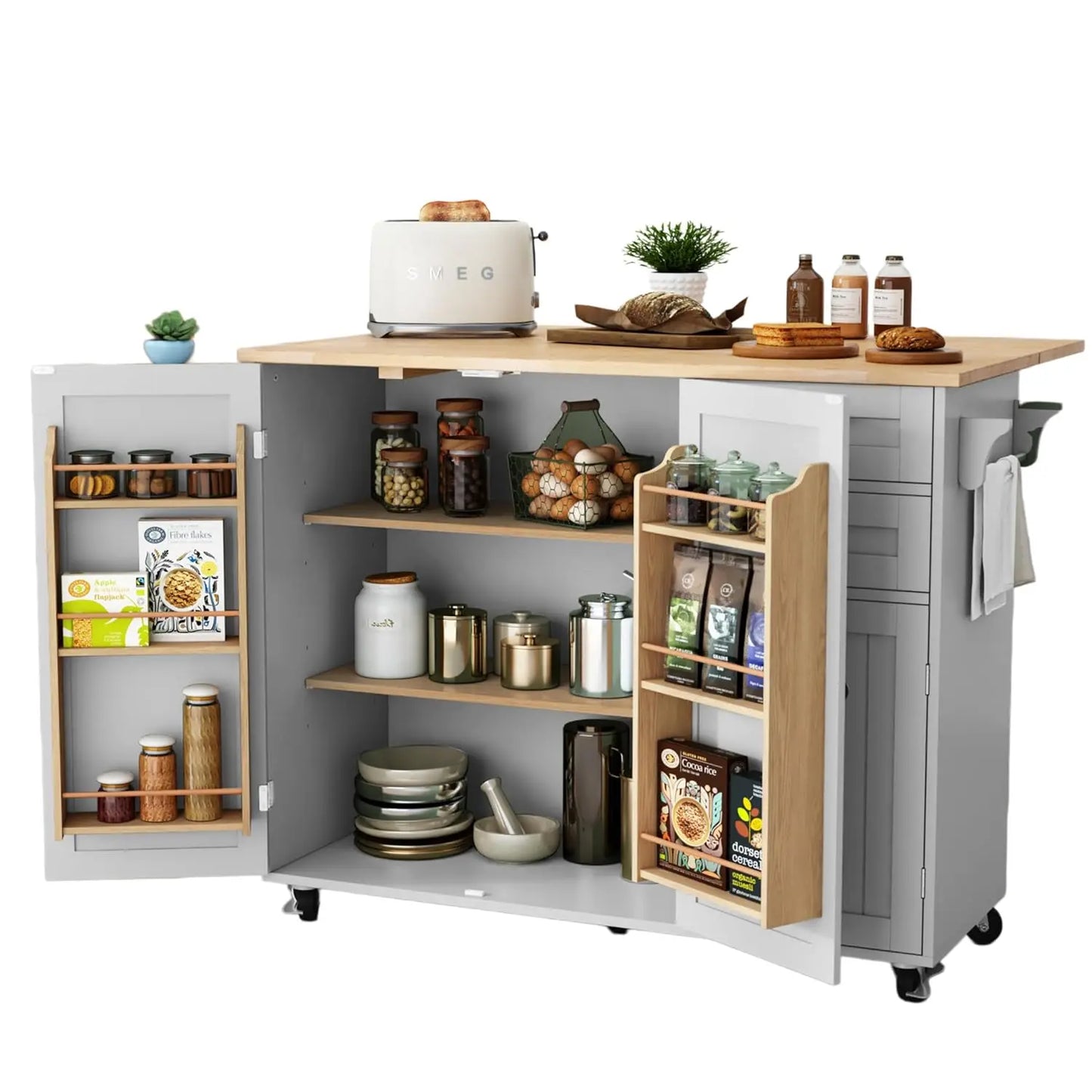 Kitchen Island With Storage And Drop Leaf Countertop On Wheels