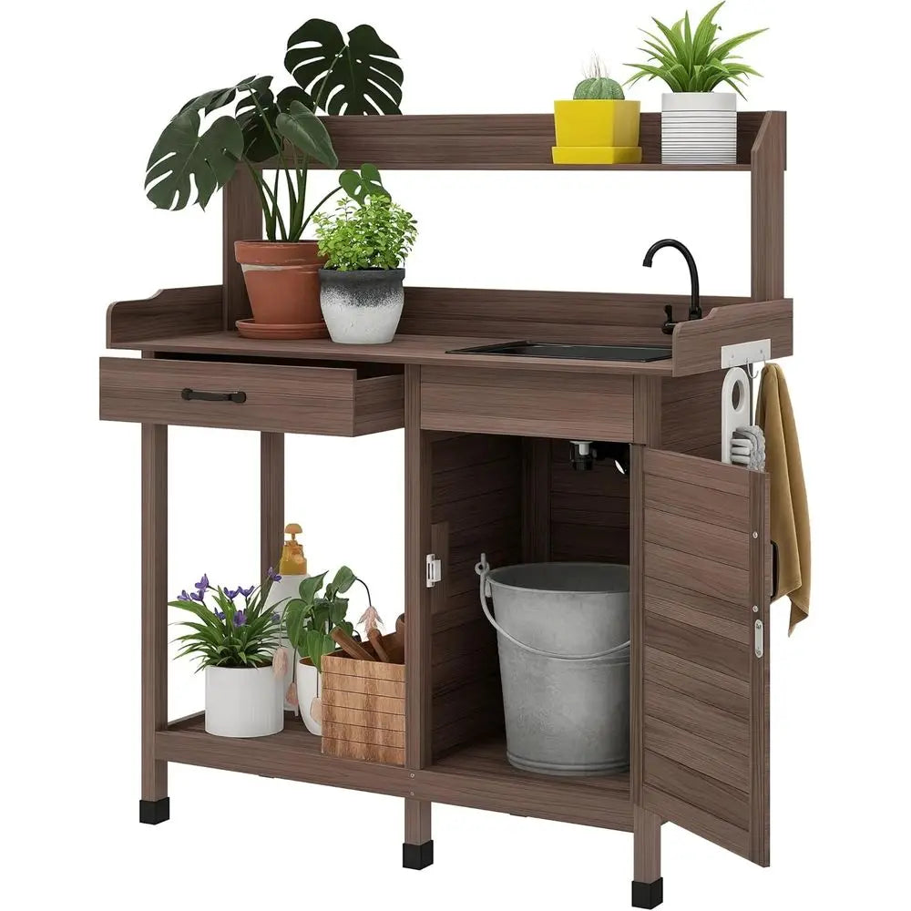 Outdoor Potting Bench With Removable Sink And Storage Cabinet