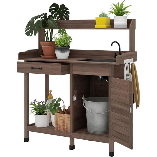 Outdoor Potting Bench With Removable Sink And Storage Cabinet