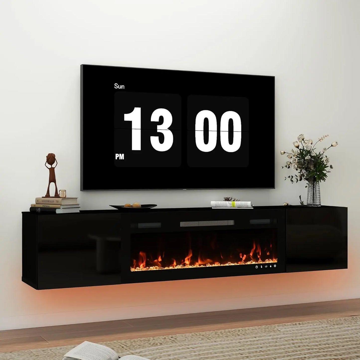 Floating TV Stand With Electric Fireplace And Storage