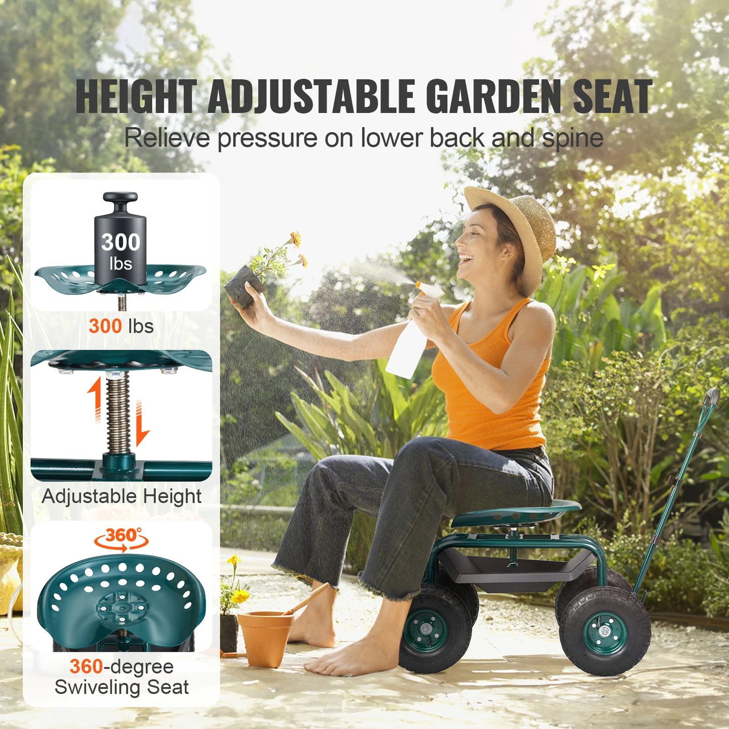 SucceBuy Garden Cart Rolling Workseat With 360 Degree Swivel Seat