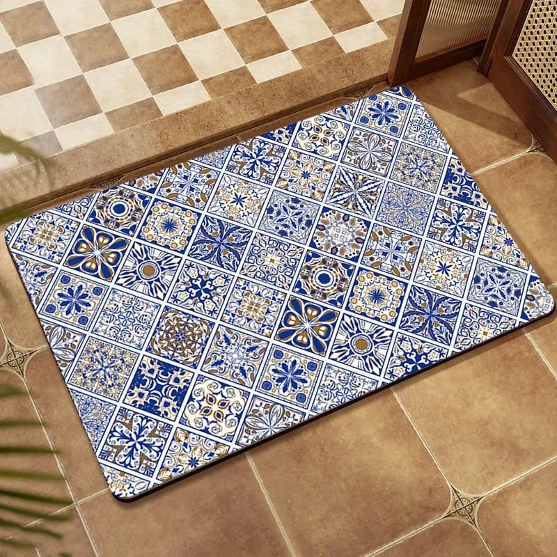 Ethnic Persian Grid Diatomite Floor Mat Retro Absorbent Anti Slip