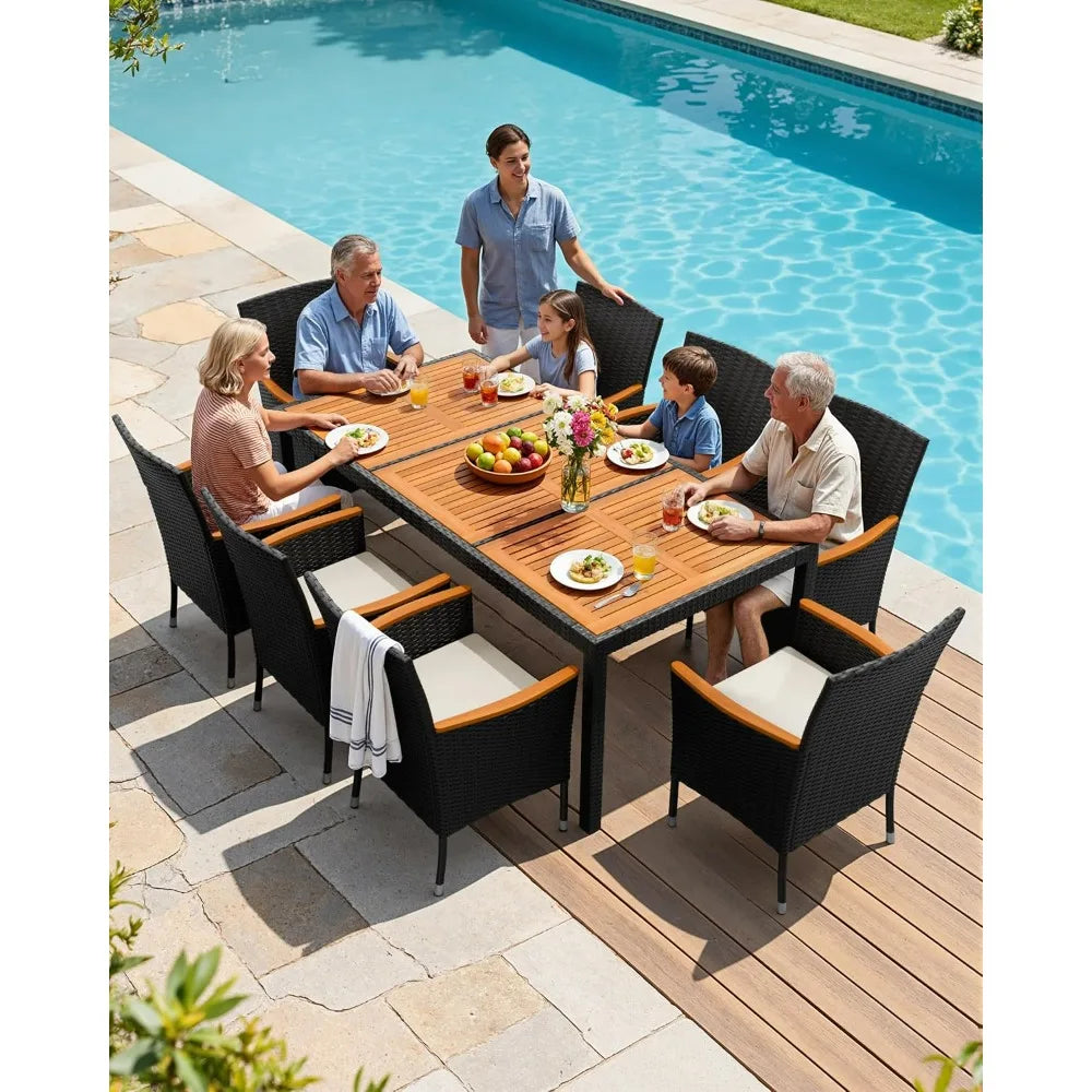 Acacia Wood Patio Dining Set With Cushions And Wicker Outdoor Furniture