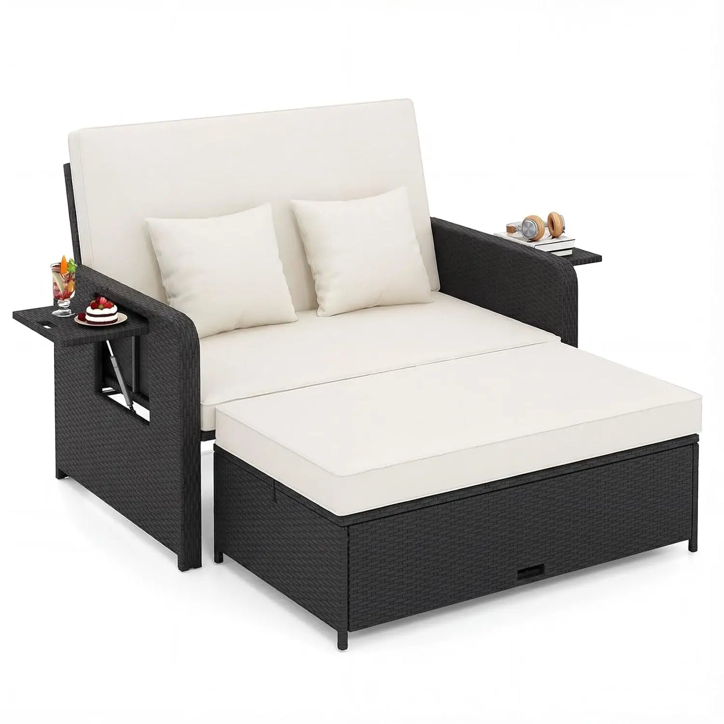 XIAOLANG Outdoor Patio Rattan Daybed With Cushions And Storage Ottoman