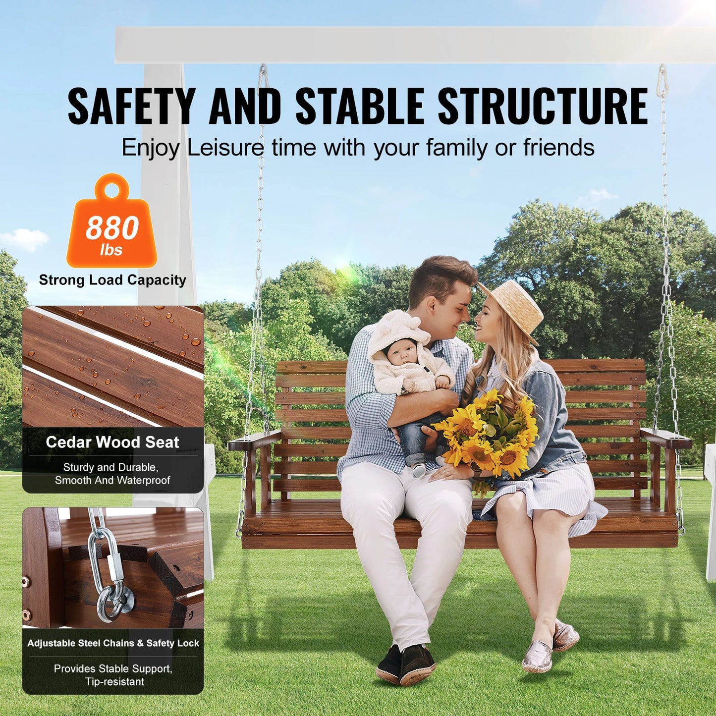 SucceBuy Wooden Porch Swing Outdoor Patio Bench With Load Capacity
