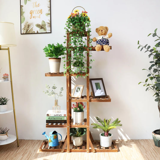 BINGOPAW 6 Tier Wooden Plant Stand Carbonized Wood Display Rack