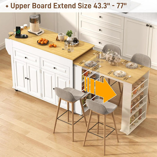 Extendable Kitchen Island With Dining Table And Power Outlet