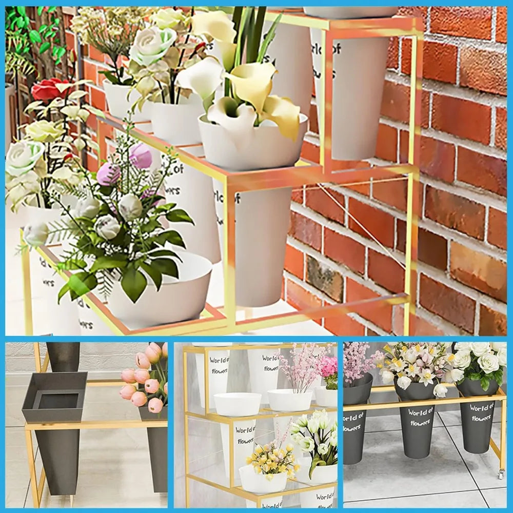 RBXC 3-Tier Metal Flower Stand With Buckets And Wheels
