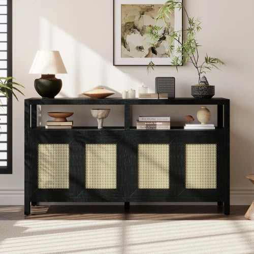 Solid Wood Rattan Buffet Cabinet With Adjustable Shelves Bohemian Style