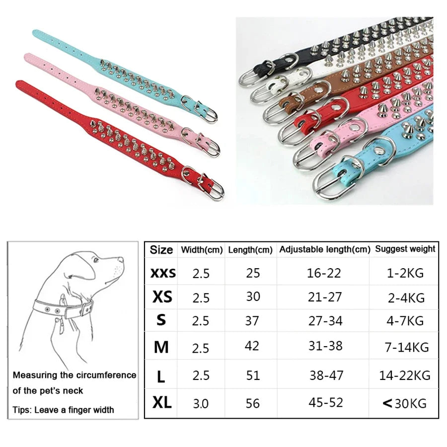Adjustable PU Leather Dog Collar with Punk Rivet Spikes