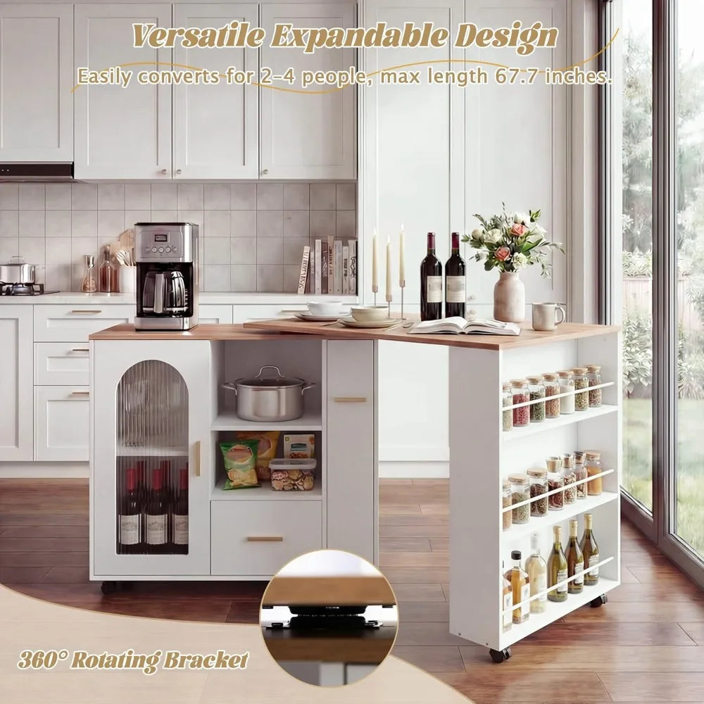 Rolling Kitchen Island With 360 Degree Swivel Extendable Table