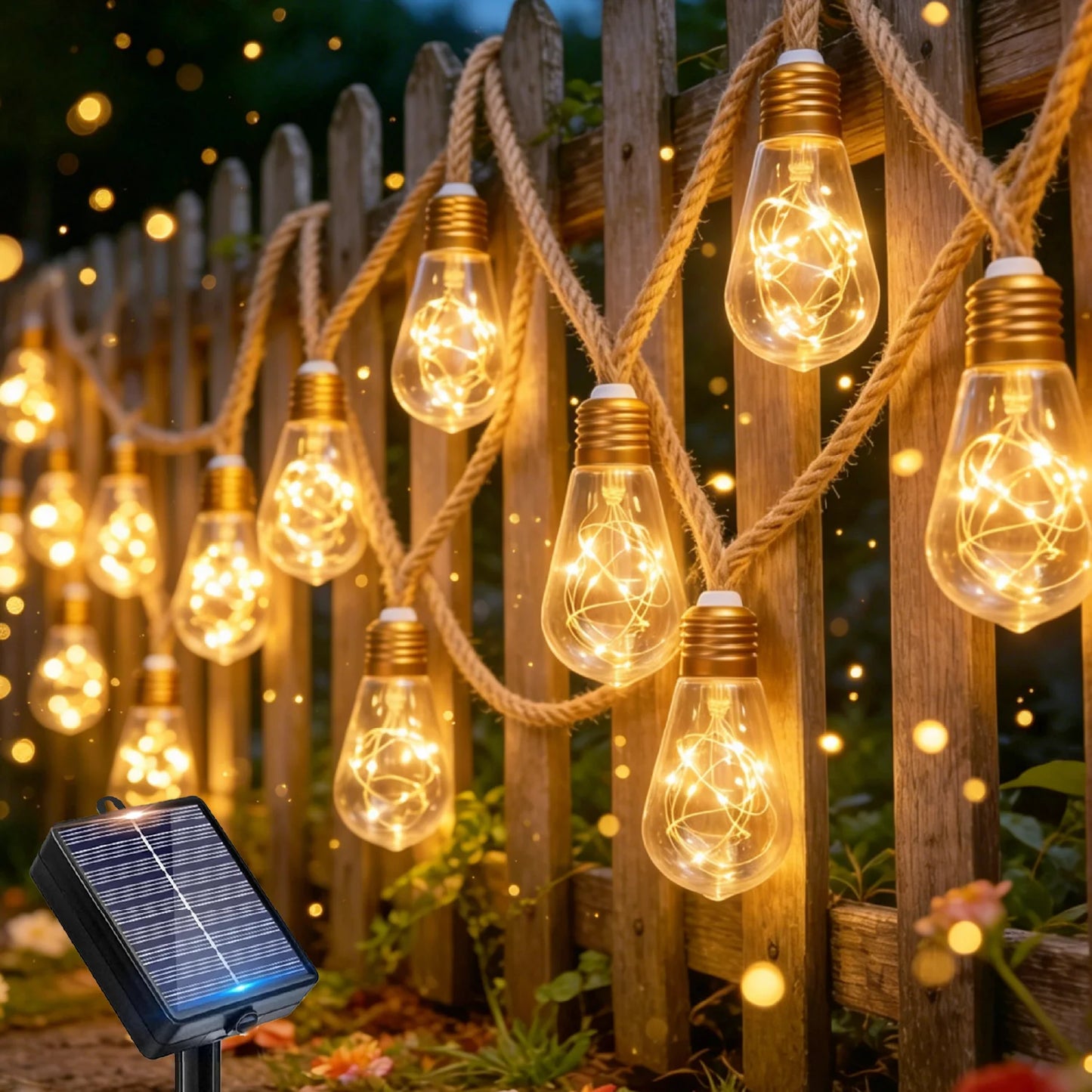 LEDOOR Solar Retro Hemp Rope String Light Outdoor 10 Modes