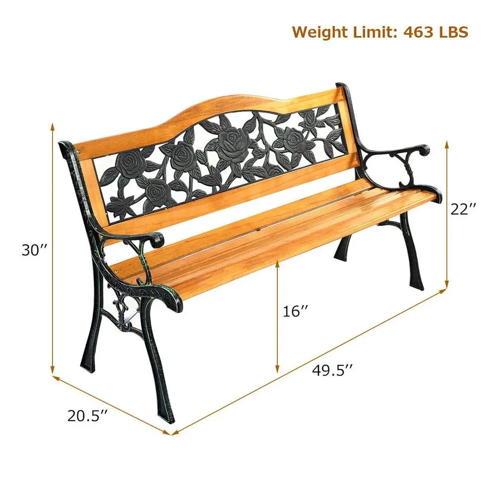 Outdoor Garden Bench With Rose Cast Backrest And Wood Seat