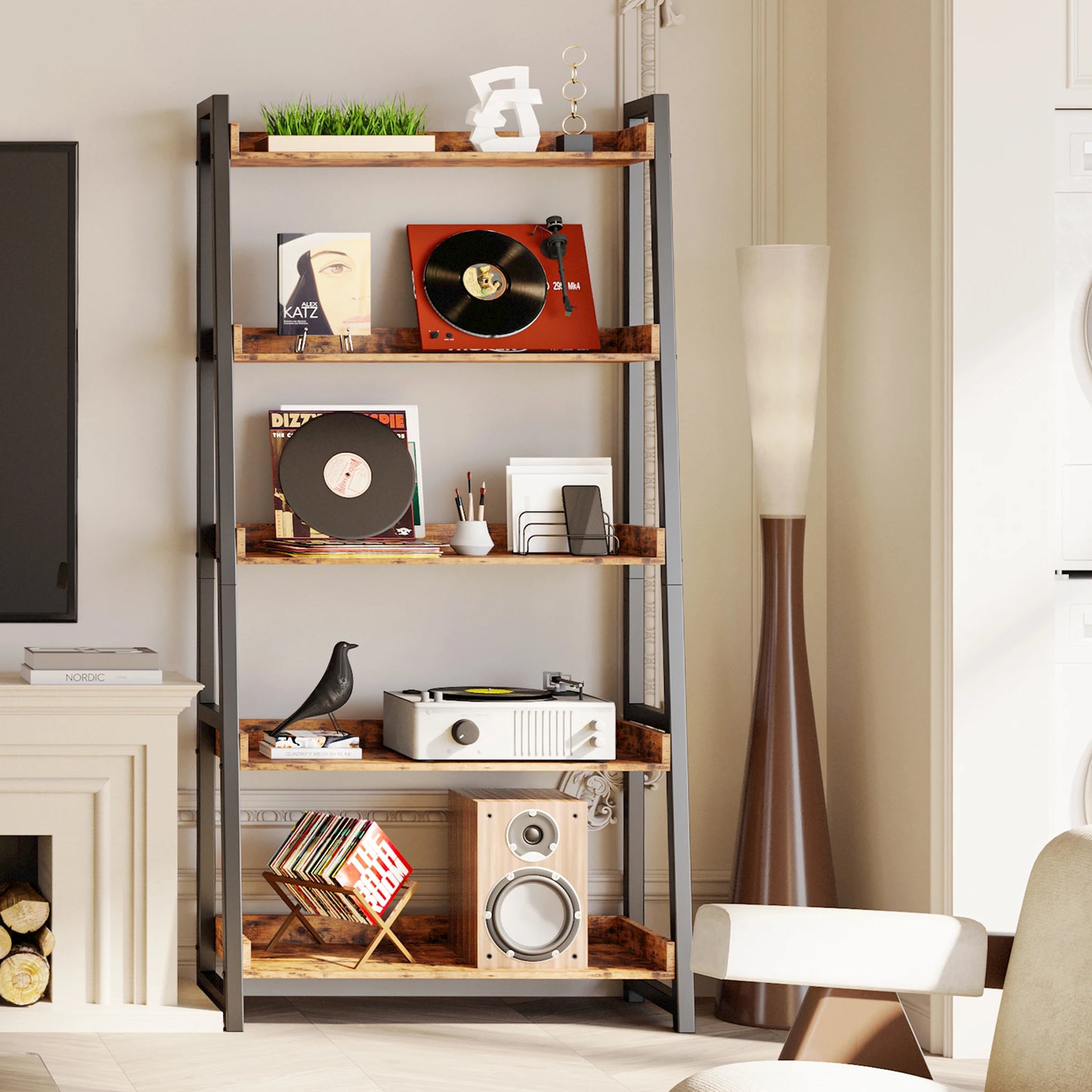 Ironck Industrial Bookshelf 5 Tier Ladder Shelf Metal Storage Unit