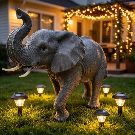 Resin Elephant Statue With Raised Trunk For Outdoor Garden Decor