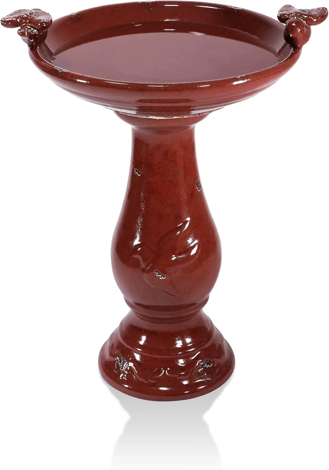 Antique Ceramic Birdbath With Two Bird Figurines For Garden