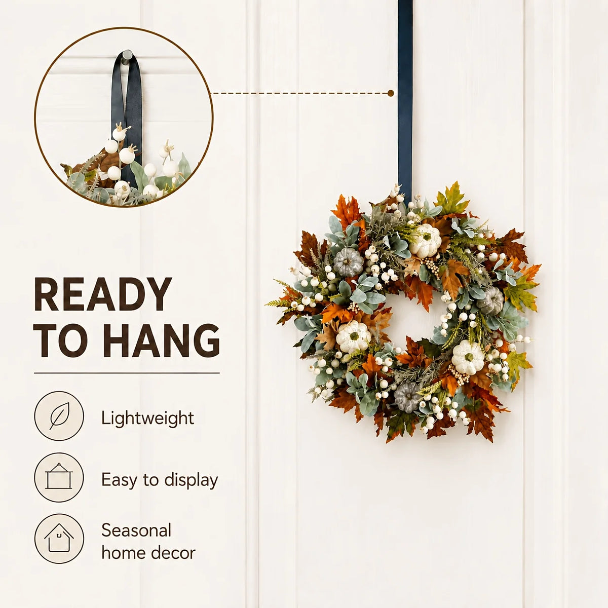Peony Pumpkin Autumn Wreath With Leaves And Berries For Door