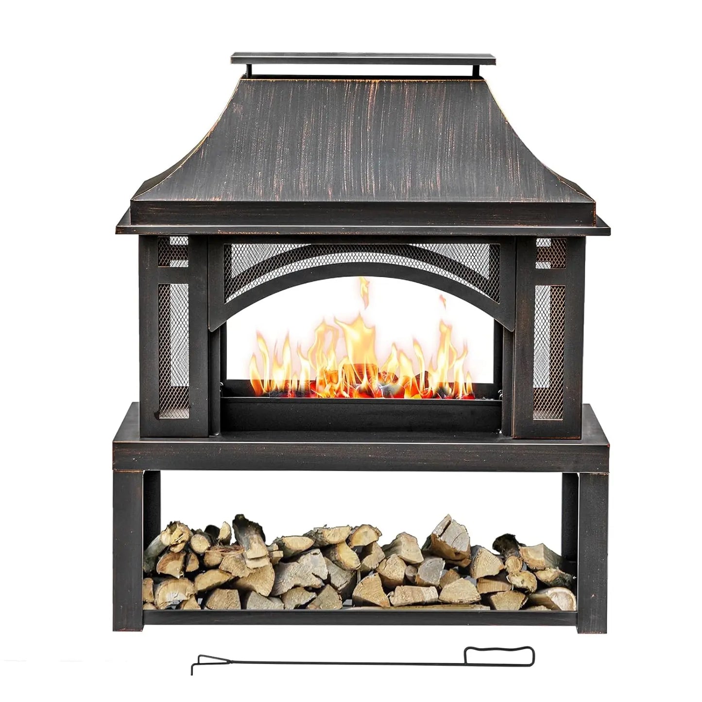 Wood Burning Outdoor Fireplace With Chimney Wood Storage And Spark Screen