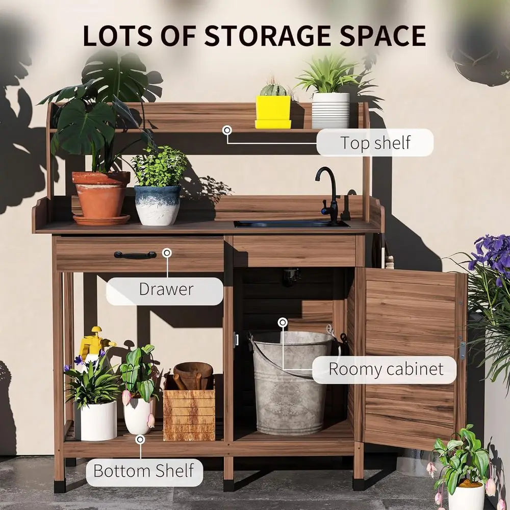 Outdoor Potting Bench With Removable Sink And Storage Cabinet