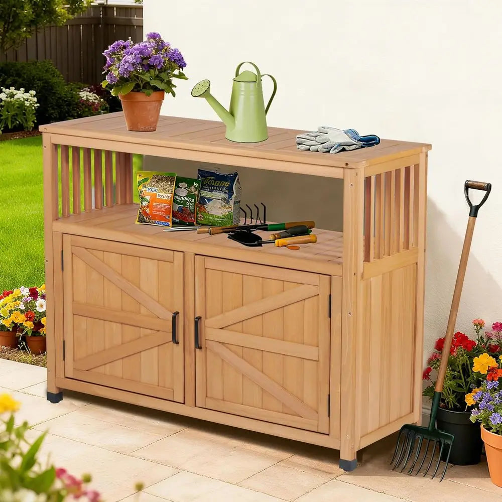 Outdoor Potting Bench With Storage Cabinet And Metal Top