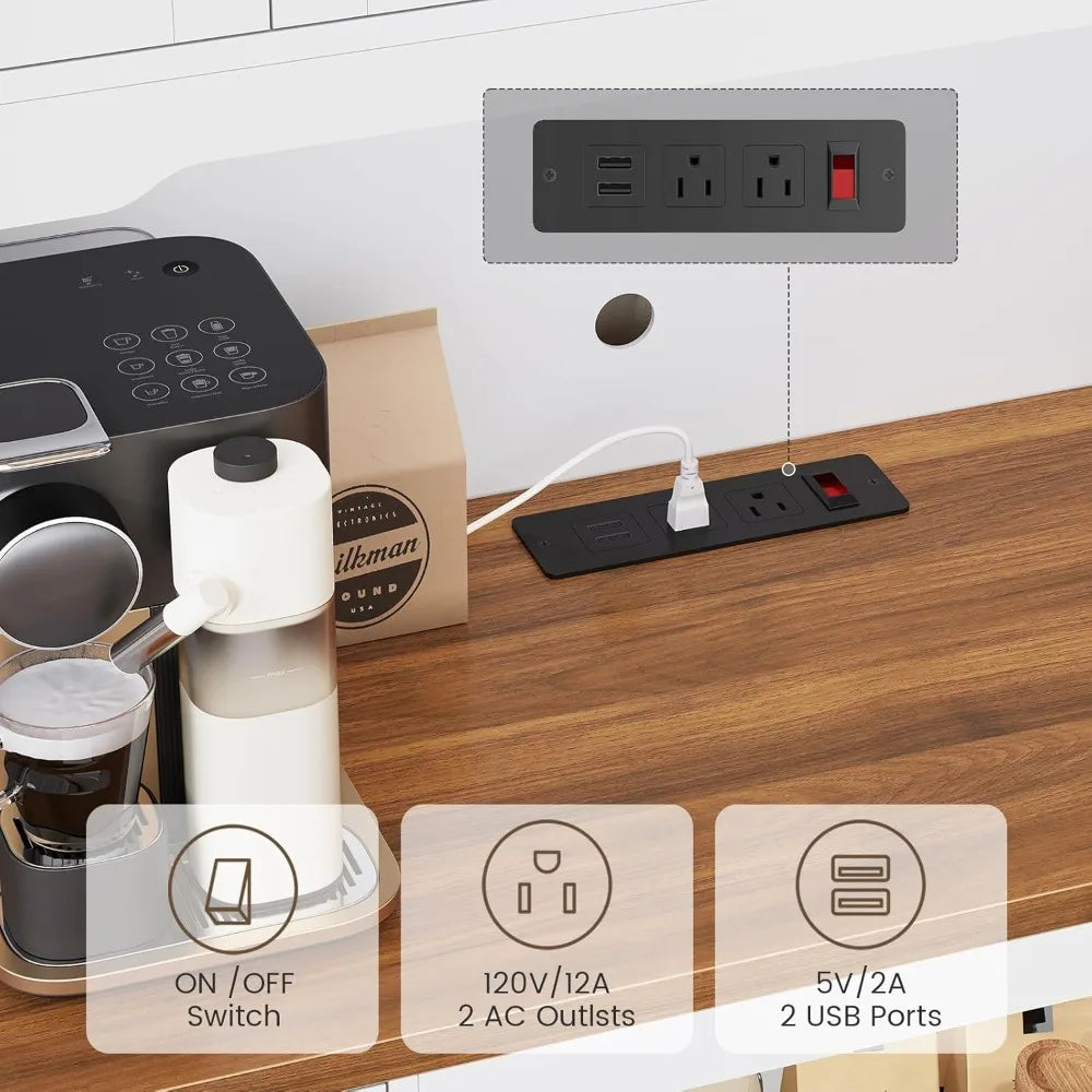 Pantry Cabinet With Microwave Stand And Charging Station LED Light