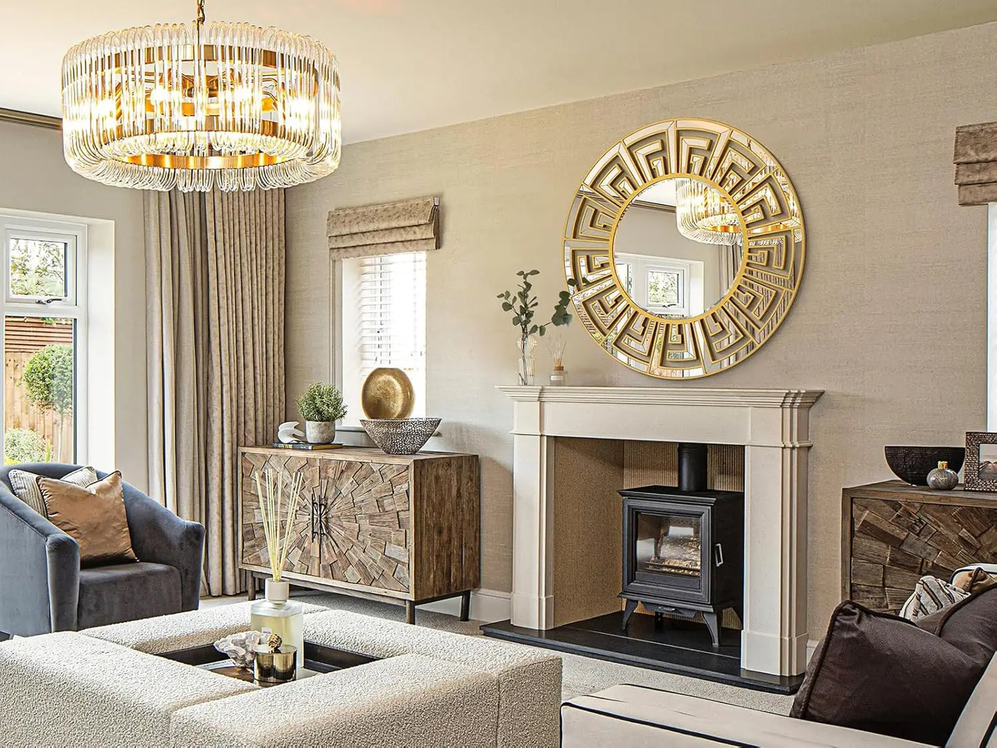 Round Wall Mirror Geometric Pattern Beveled Edge