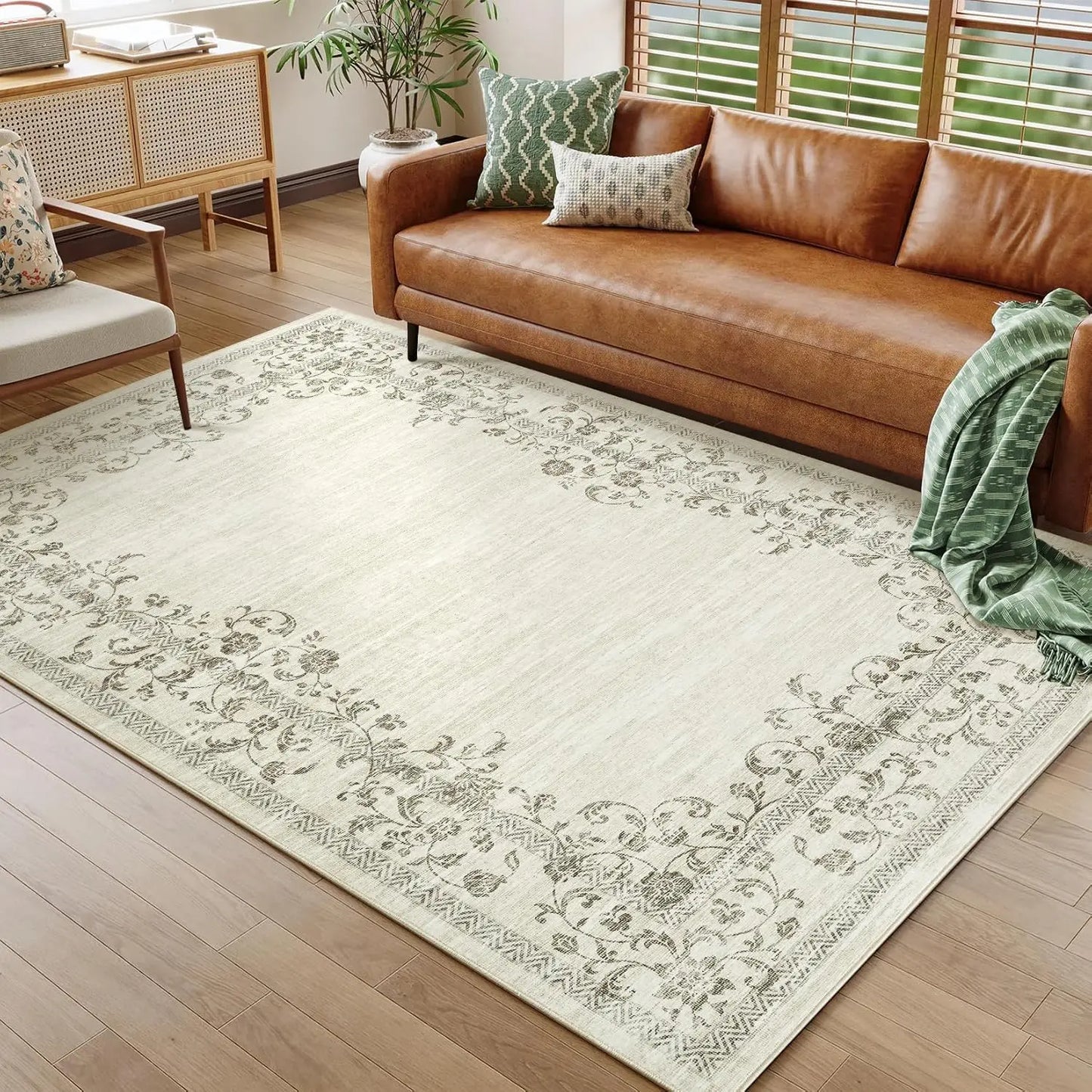 HiMISS Washable Floral Border Area Rug For Living Room