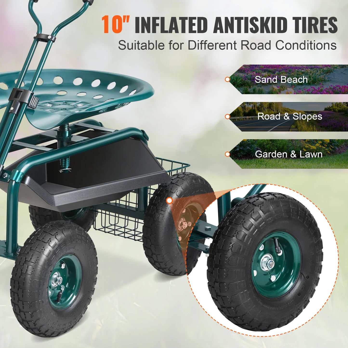 SucceBuy Garden Cart Rolling Workseat With 360 Degree Swivel Seat