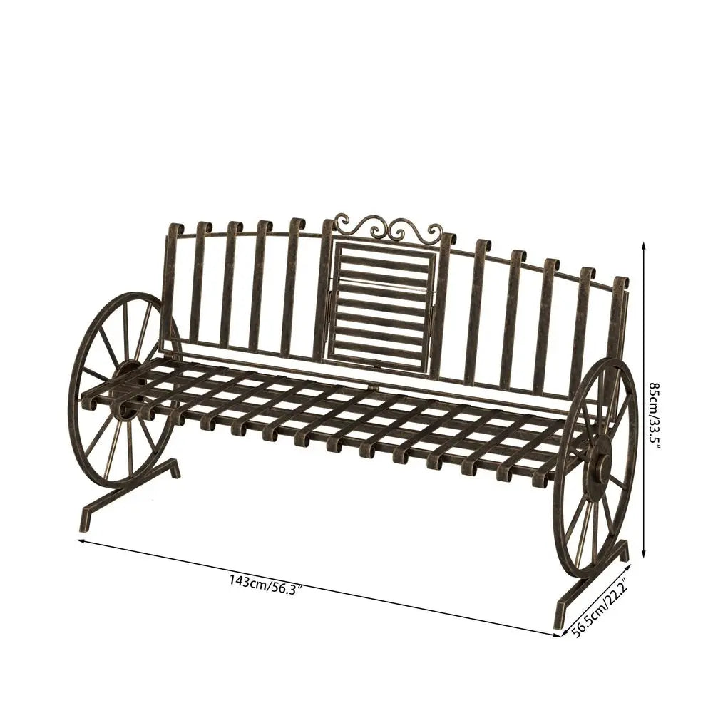 Outdoor Garden Bench With Built In Table And Wagon Wheel