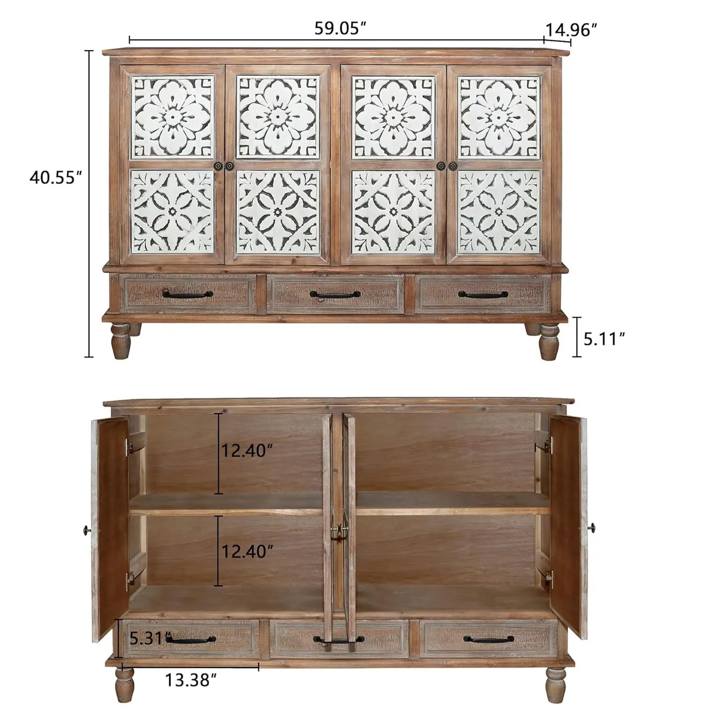 Country Vintage Sideboard Buffet Cabinet With Embossed Floral Metal Doors