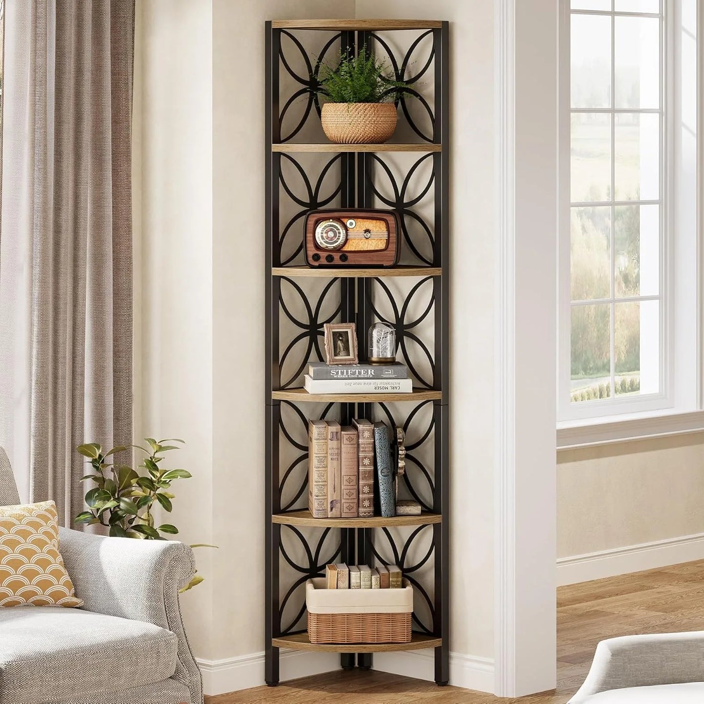 Little Tree 6-Tier Corner Shelf Industrial Wood Display Living Room