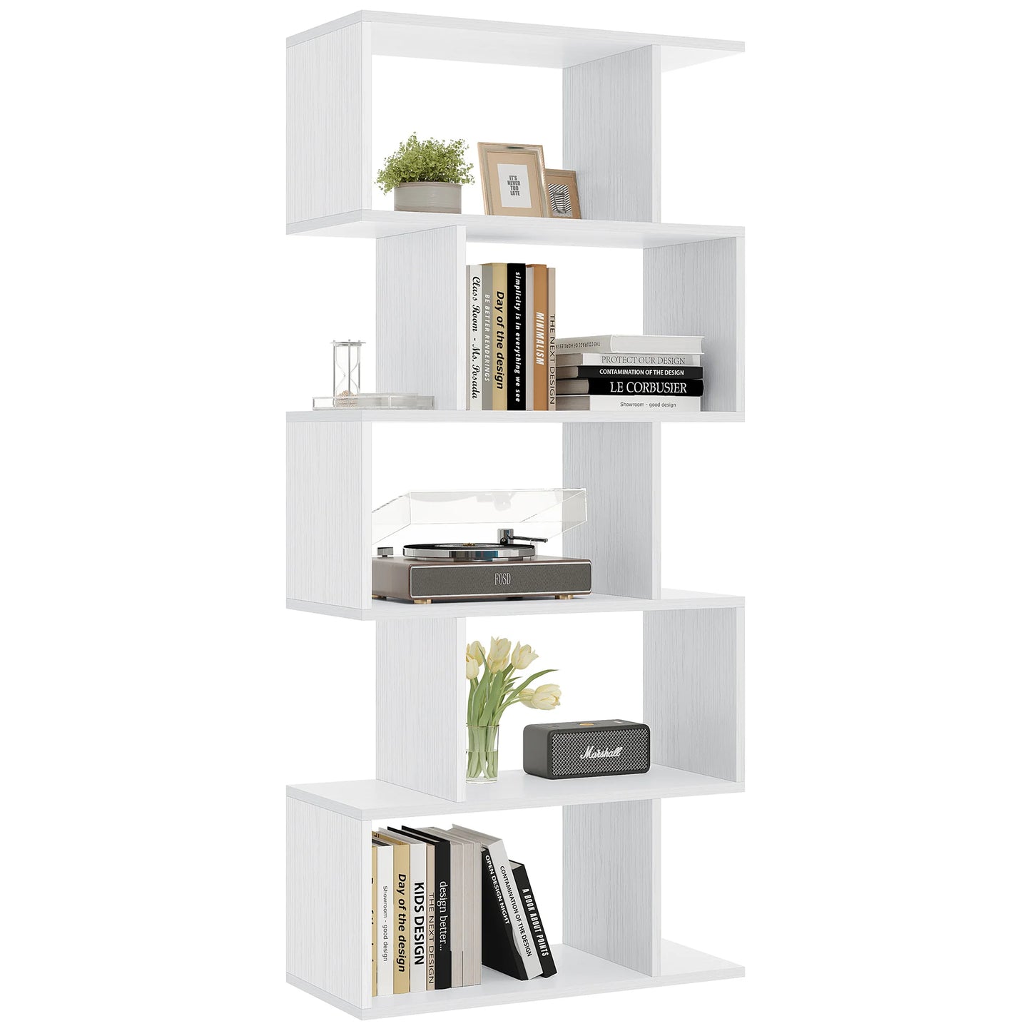 JHK Five Tier S Shaped Geometric Wooden Bookcase Display Shelf