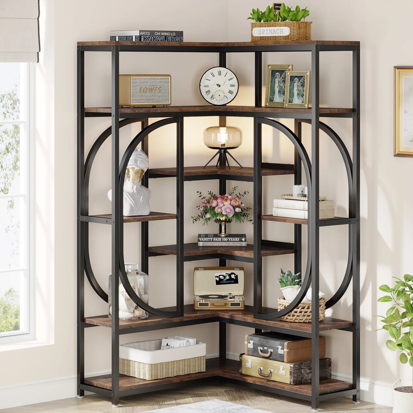Little Tree 7 Shelf Corner Bookcase In Modern Iron Frame