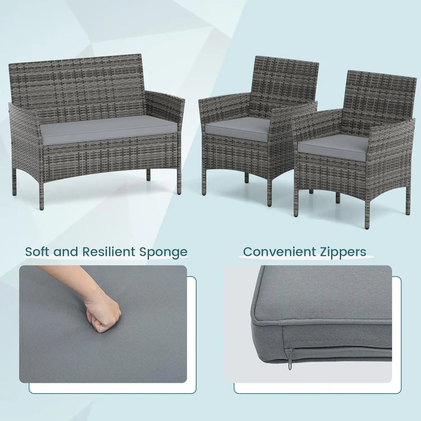 Rattan Outdoor 4-Piece Patio Set With Cushions And Glass Coffee Table