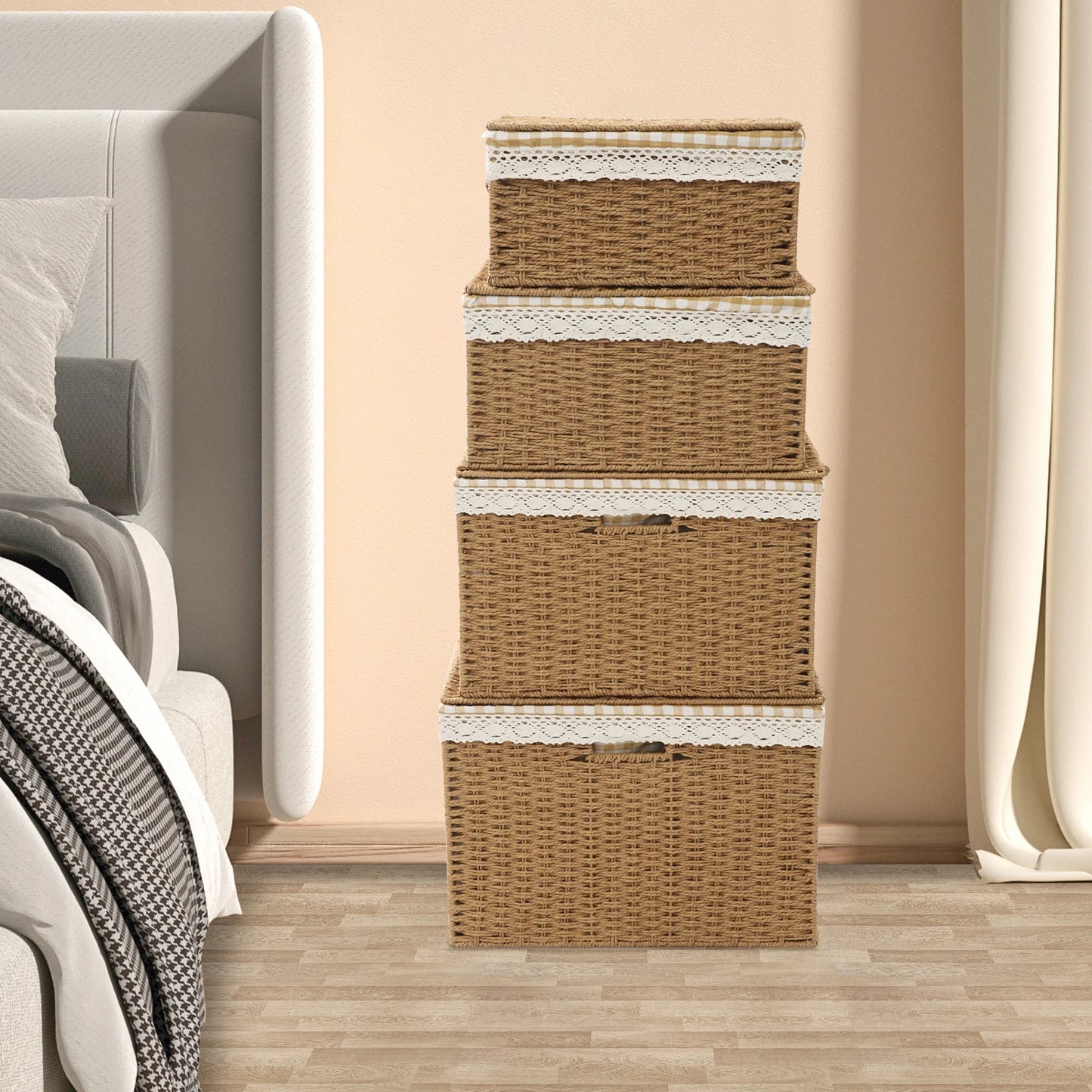Bymaocar Woven Storage Baskets Set With Lids Sundries Organizer