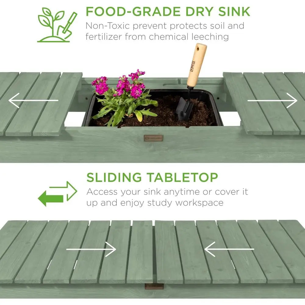 Mobile Garden Potting Bench With Locking Wheels And Sliding Tabletop