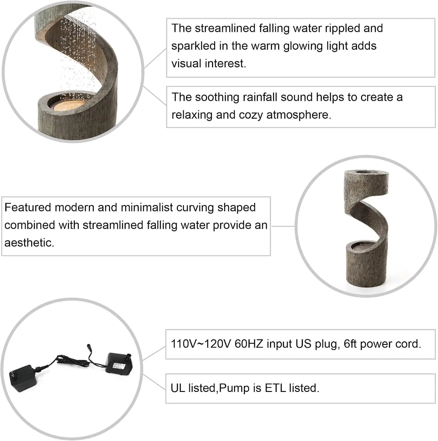 Outdoor LED Water Fountain with Spiral Waterfall and Stone Planter