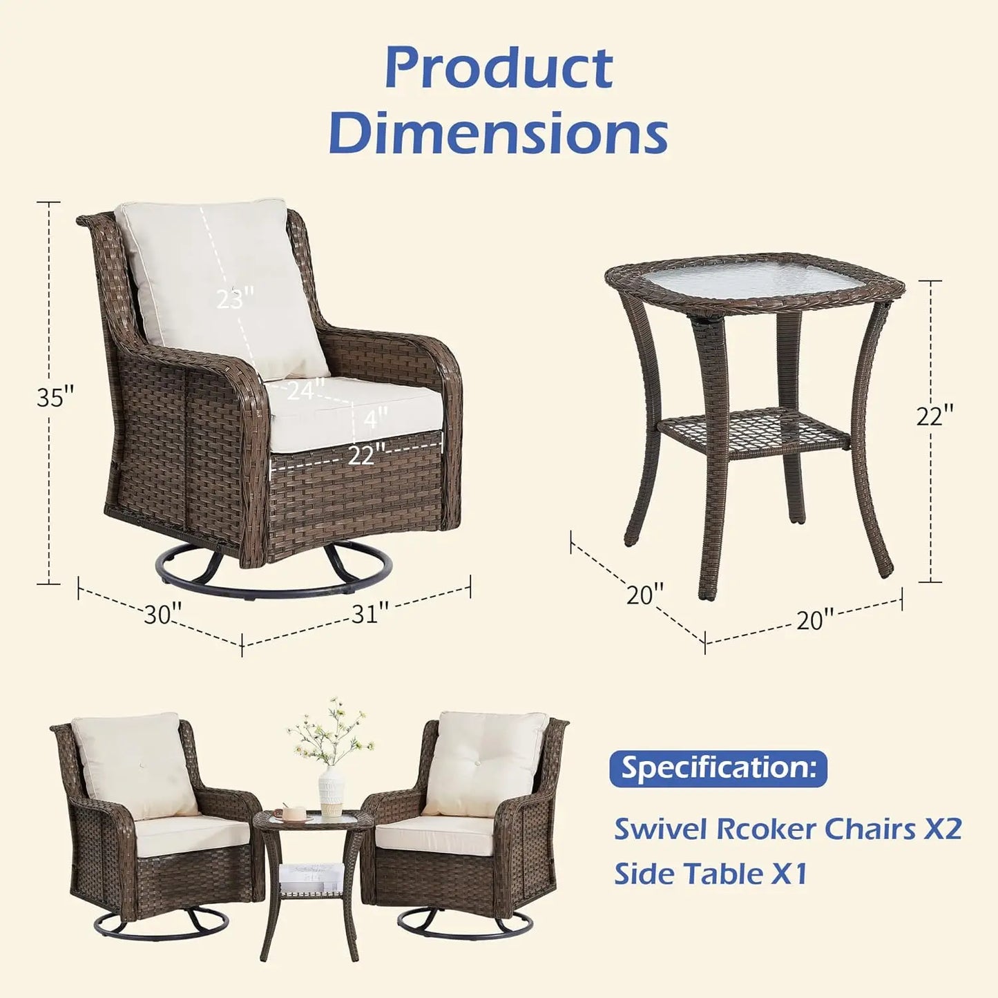 360 Degree Swivel Patio Set Wicker Chairs And Side Table
