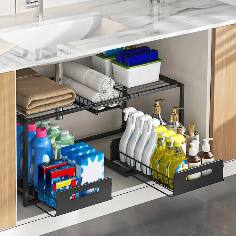 Under-Sink Sliding Storage Organizer With 2 Drawers For Cabinet