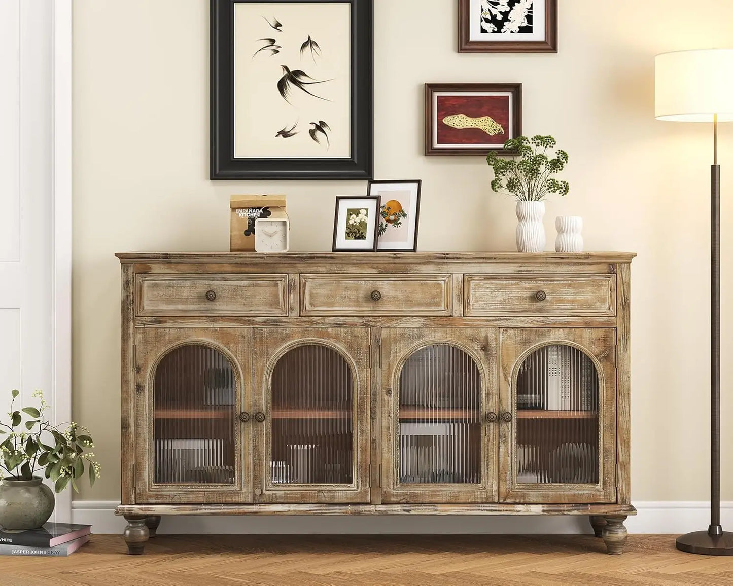 Country Vintage Sideboard Buffet Cabinet With Embossed Floral Metal Doors