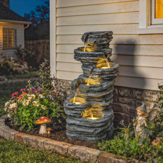 Outsunny Outdoor Six Tier Rock Waterfall Fountain for Garden Relaxation