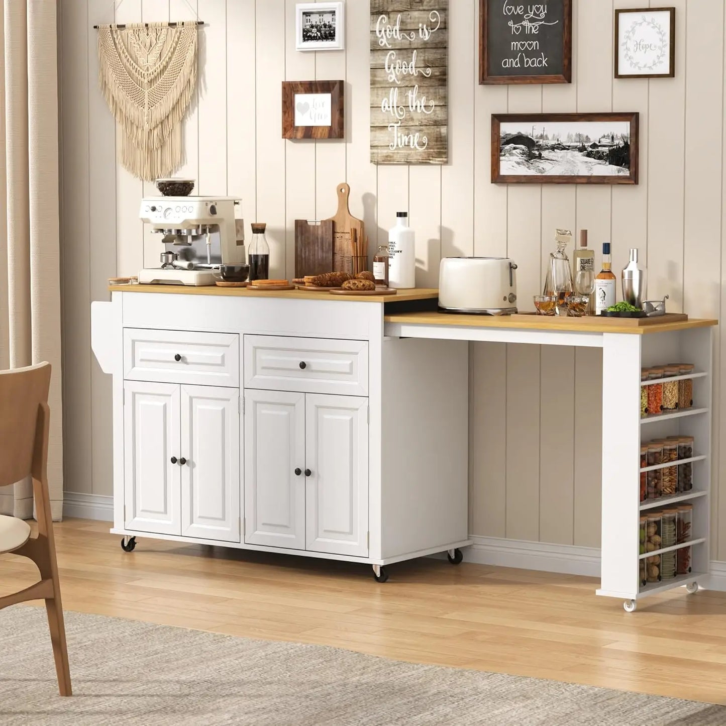 Extendable Kitchen Island With Dining Table And Power Outlet