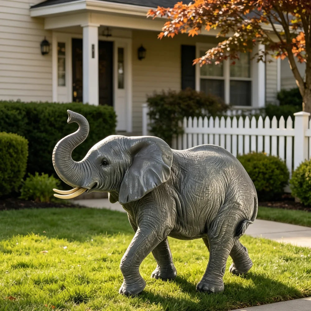 Resin Elephant Statue With Raised Trunk For Outdoor Garden Decor